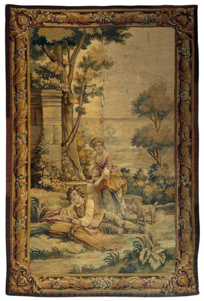 Antique Distressed 19th Century French Aubusson Tapestry