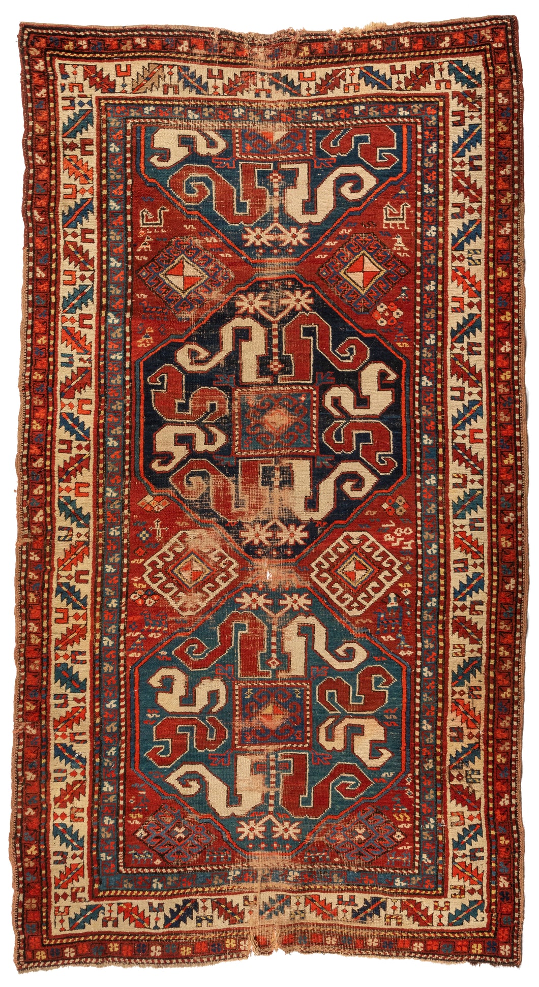Antique Distressed Cloudband Kazak Carpet