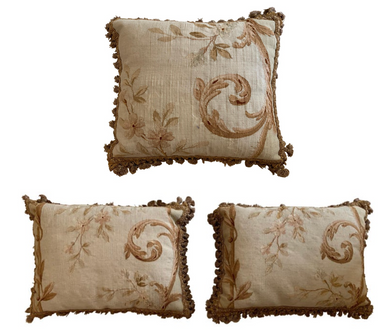 Set of 19th Century French Aubusson Tapestry Pillows with Foliage & Petite Tassels