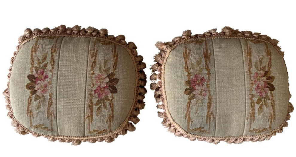 Set of 19th Century French Aubusson Tapestry Pillows with Foliage & Petite Tassels